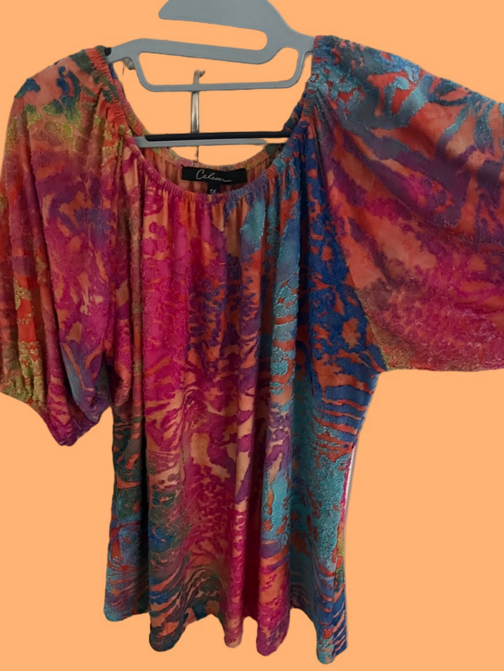 Multicolor Abstract Off-Shoulder Tunic - Pink, Teal & Orange